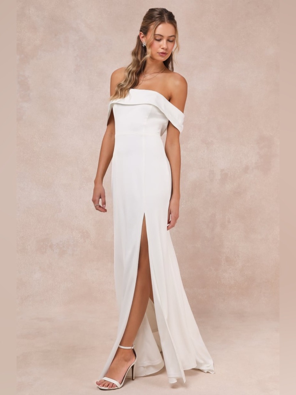 Lulus Dose of Love Ivory Satin Off-the-Shoulder‎ Mermaid Maxi Dress size large